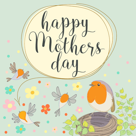 Happy mothers day with bird and flowers. Hand made vector illustrationのイラスト素材