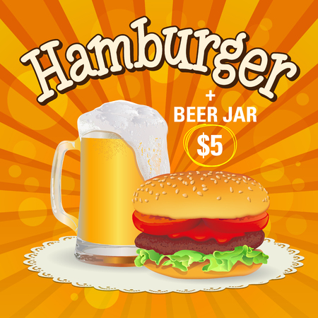 Beer and hamburger offer. Hand made fast food vector illustrationのイラスト素材