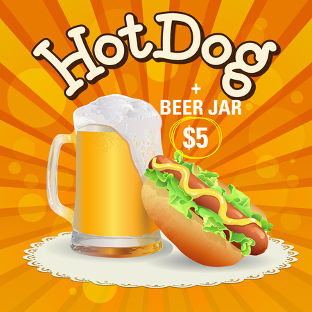 Beer and hot dogs offer. Hand made fast food vector illustrationのイラスト素材