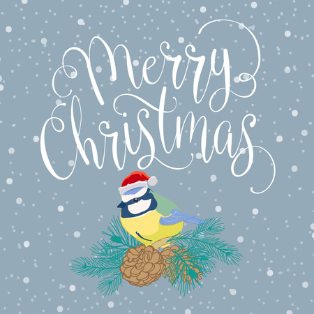 Merry christmas with bird and wreath. Handmade vector illustrationのイラスト素材