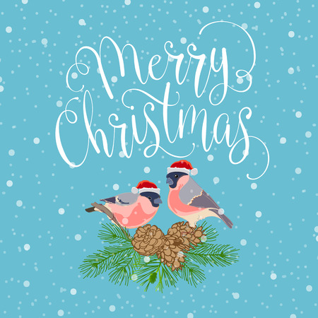Merry christmas with bird and wreath. Handmade vector illustrationのイラスト素材