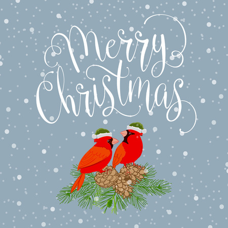 Merry christmas with bird and wreath. Handmade vector illustrationのイラスト素材