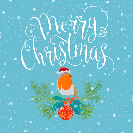 Merry christmas with bird and wreath. Handmade vector illustrationのイラスト素材