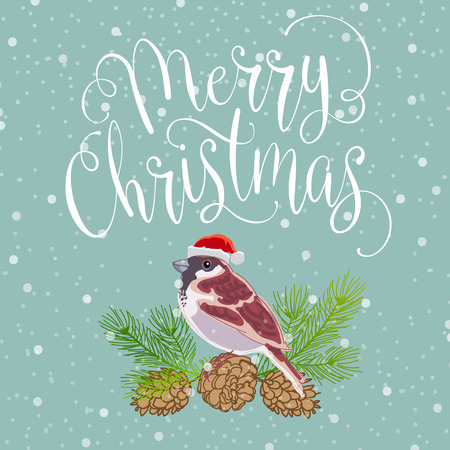 Merry christmas with bird and wreath. Handmade vector illustrationのイラスト素材