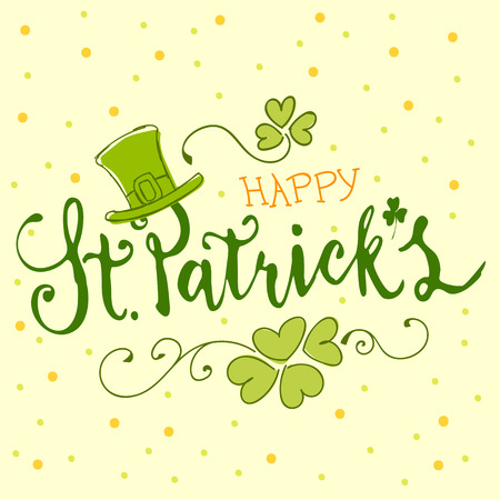 Happy st Patrick's day handmade typography illustration with hat and shamrock design.のイラスト素材