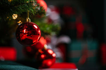 New Year 2021 interior with candles, bulbs and bokeh. Room decorated to christmas celebration....