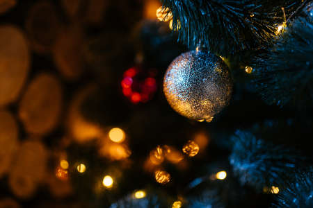 New Year 2021 interior with candles, bulbs and bokeh. Room decorated to christmas celebration....