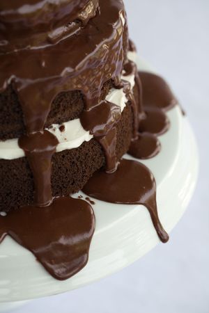 Tiered Chocolate Cake with vanllia filling and dripping chocolate topping and frosting