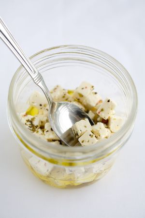Feta Cheese marinated in olive oil and herbsの写真素材