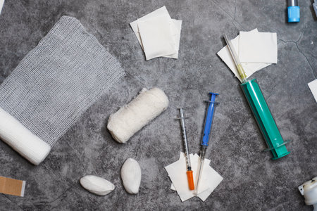 Set with medical equipment, medical supplies on dark background.の写真素材