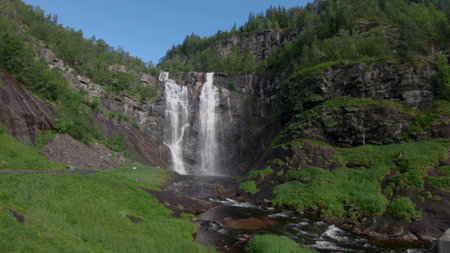 Waterfall in mountains. Outdoor nature in Norwayの写真素材