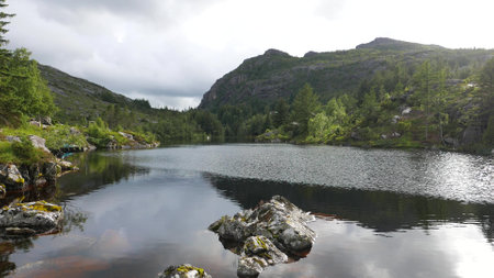Mountainous landscape and fjord, Norwayの写真素材