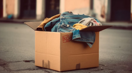 Unfashionable clothes for recycling in box. Generative AIの素材
