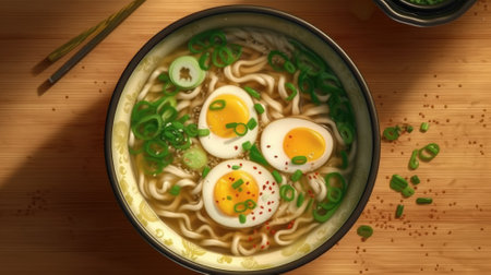 Ramen in a bowl top view. Ramen soup with egg and green onions. Generative AI