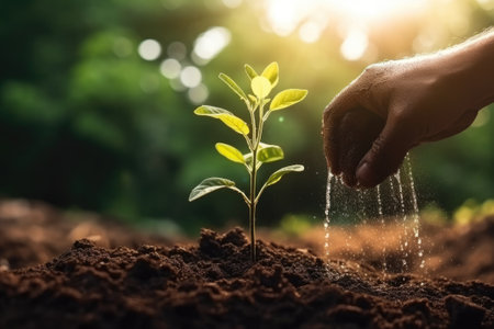 Hand watering seedling growing step in garden with sunshine. Concept of business growth, profit, development and success. Start-up business. Generative AIの素材
