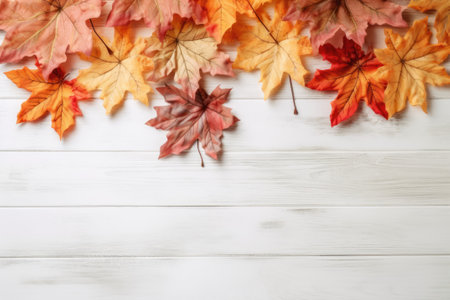 Festive autumn leaves decor on white wooden table with copy space, Textured vintage background. Generative AIの素材