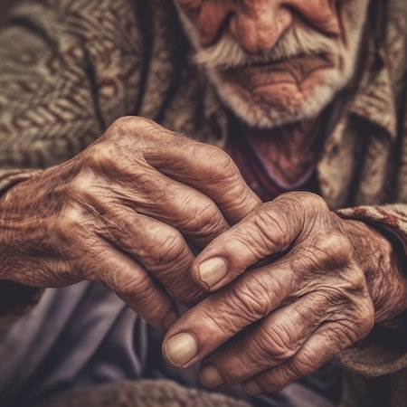 Close up of male wrinkled hands. Generative AIの素材