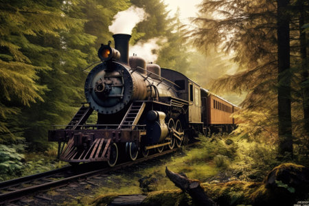 Train rides in a natural area, retro style. Old steam locomotive. Generative AIの素材