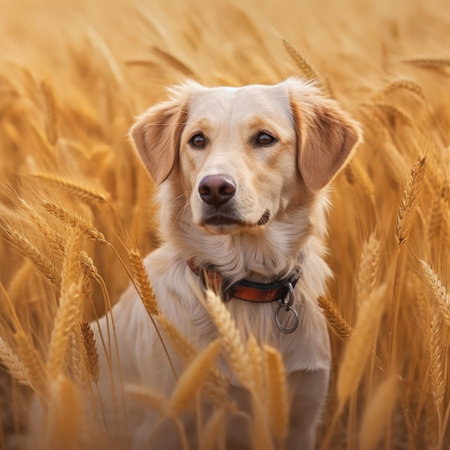 Portrait of a young dog at the wheat field. Generative AIの素材
