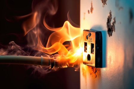 Electrical short circuit. Failure caused by burning wire and rosettes socket plug in house. Generative AIの素材