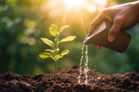 Hand watering seedling growing step in garden with sunshine. Concept of business growth, profit, development and success. Start-up business. Generative AIの素材