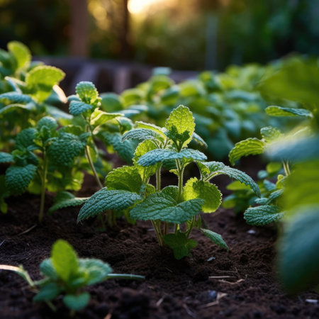 Mint plants grow at the vegetable garden. Generated AIの素材