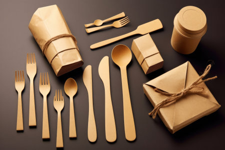 Paper food packaging and wooden cutlery. Generative AIの素材