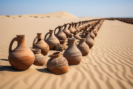 Old amphorae in sand. Generative AIの素材