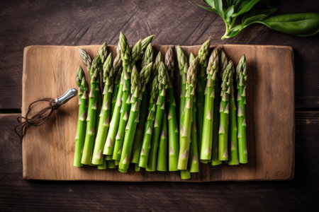 Green asparagus on a wooden cutting board. Generative AIの素材