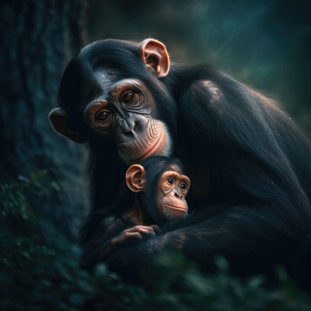 Chimpanzee mother with her little baby. Generative AIの素材
