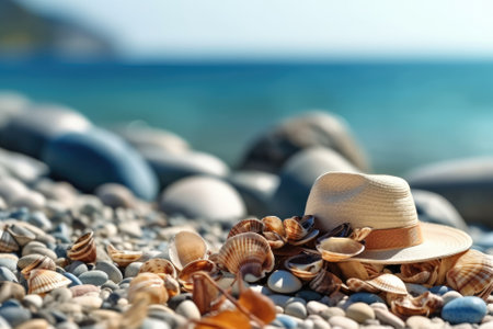 Straw hat and on beach sand beside starfish and seashells in sunlight. Generative AIの素材