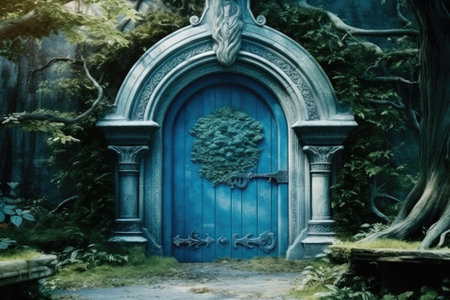 Blue fantasy ancient door in the park. Generative AIの素材