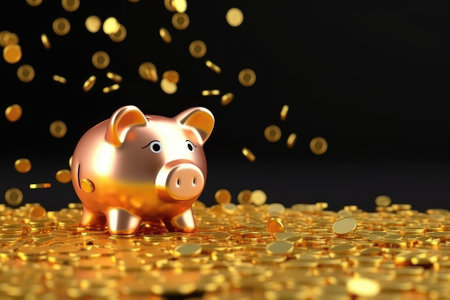 Golden Piggy Bank with Falling Coins. Savings and Investment Concept. Generative AIの素材