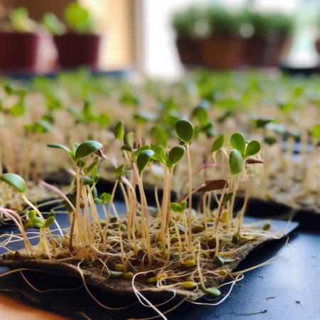 Sprouting microgreens on the hemp biodegradable mats. Generative AIの素材