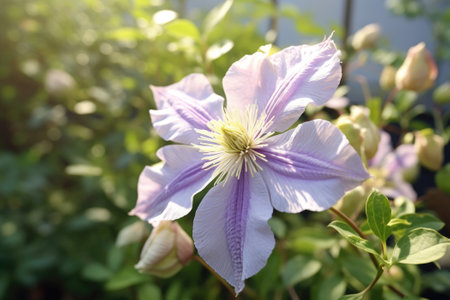 Pale purple clematis flower blooming in a garden. Generative AIの素材
