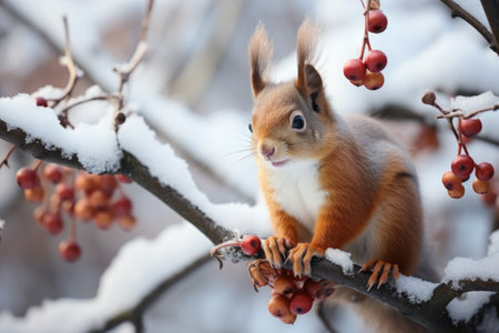The squirrel sits on a tree in the winter. Generative AIの素材
