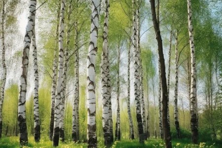 Young slim thin birch trees in the spring in the forest. Generative AIの素材
