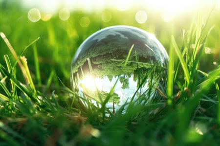 Glass globe in green grass at sunny background. Concept of the Environment World Earth Day. Generative AIの素材