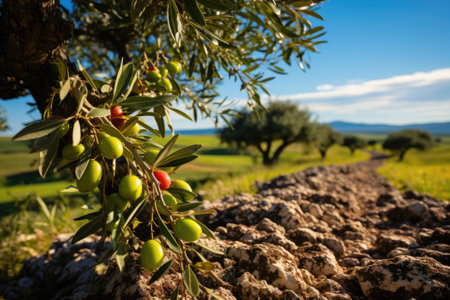 Traditional plantation of olive trees grove. Spanish nature landscape. Generative AIの素材