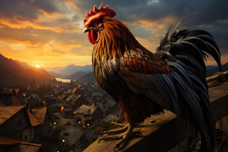 Rooster in nature under the open sky. Generative AIの素材