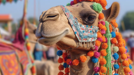 Beautiful decorated camel smiling. Generative AIの素材
