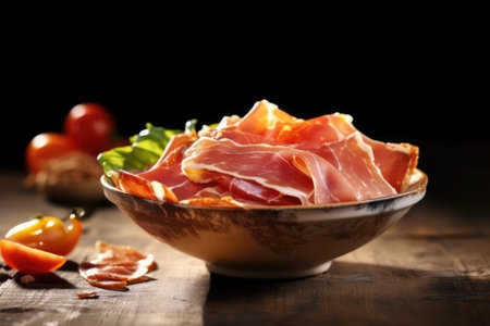 Sliced Parma ham in dish. Generative AIの素材
