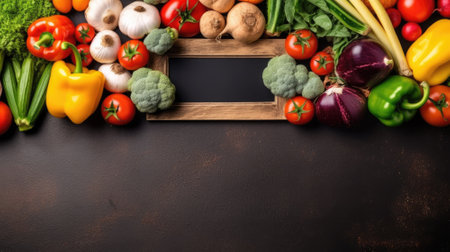 Empty frame in the middle of different vegetables lying on the table. Generative AIの素材