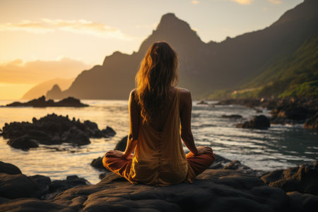 Meditating in yoga pose on the beach, ocean and rock mountains. Generative AIの素材