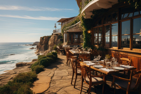 Restaurant outside by the sea. Generative AIの素材