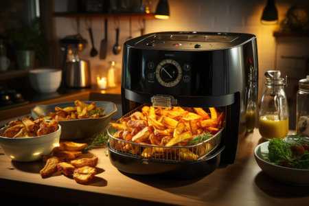Air fryer machine cooking potato fries. Generative AIの素材