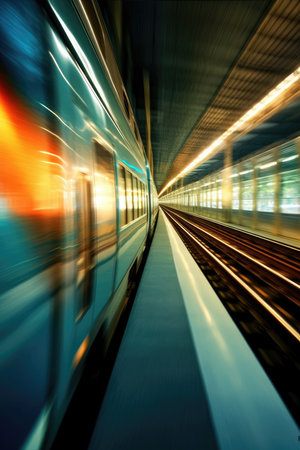 Train passing by with long exposure trails of light and dynamic movement, creating a sense of speed and motion. Generative AIの素材