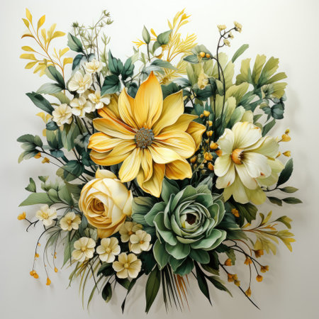 Botanical green and yellow flower watercolor bouquet elegance blooming. Generative AIの素材