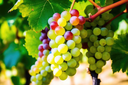 Grapes hanging from lush green vine at vineyard. Generative AIの素材