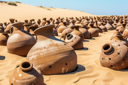 Old amphorae in sand. Generative AIの素材